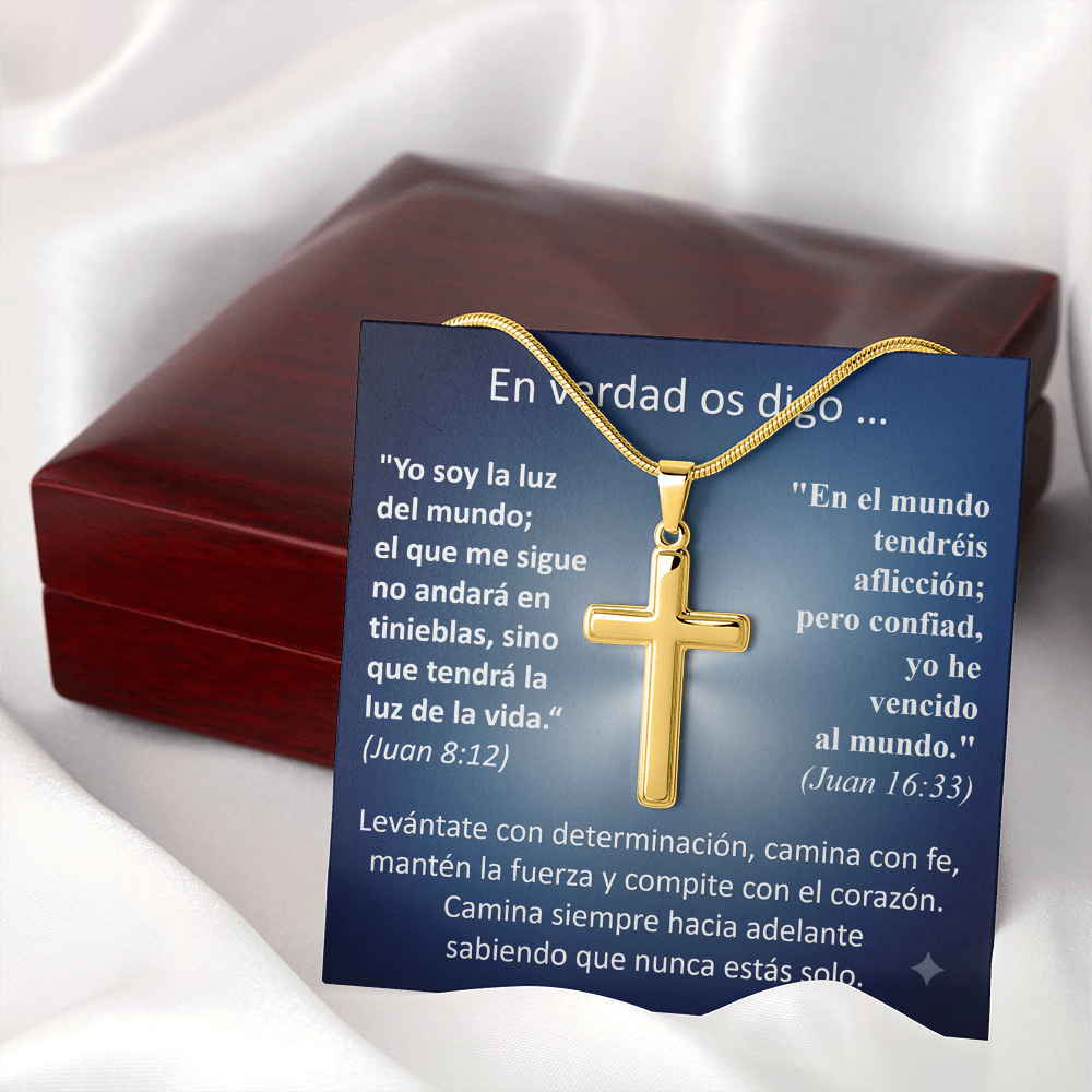 Regalo MIKORA Cruz Artesanal para hombre Edición: "En Verdad Os Digo" Acabado en Acero o 18K oro