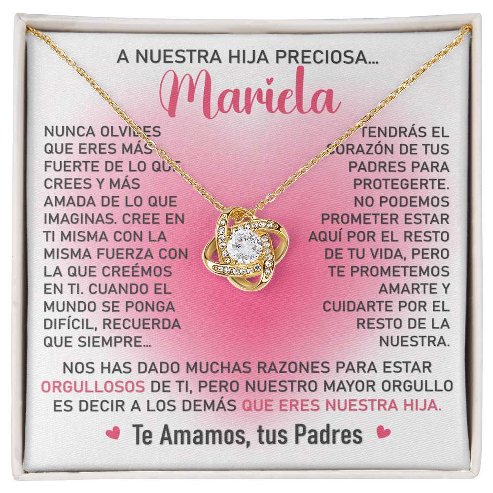 Collar Mikora Love Knot: Edicion "Orgullosos que eres nuestra hija" (Acabado en Oro de 14q - 18q)