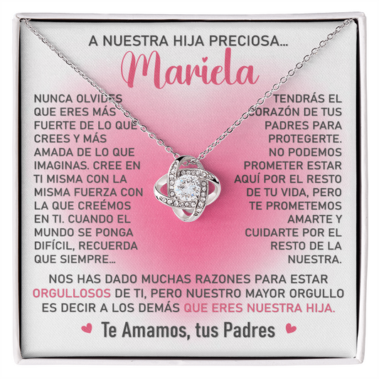 Collar Mikora Love Knot: Edicion "Orgullosos que eres nuestra hija" (Acabado en Oro de 14q - 18q)