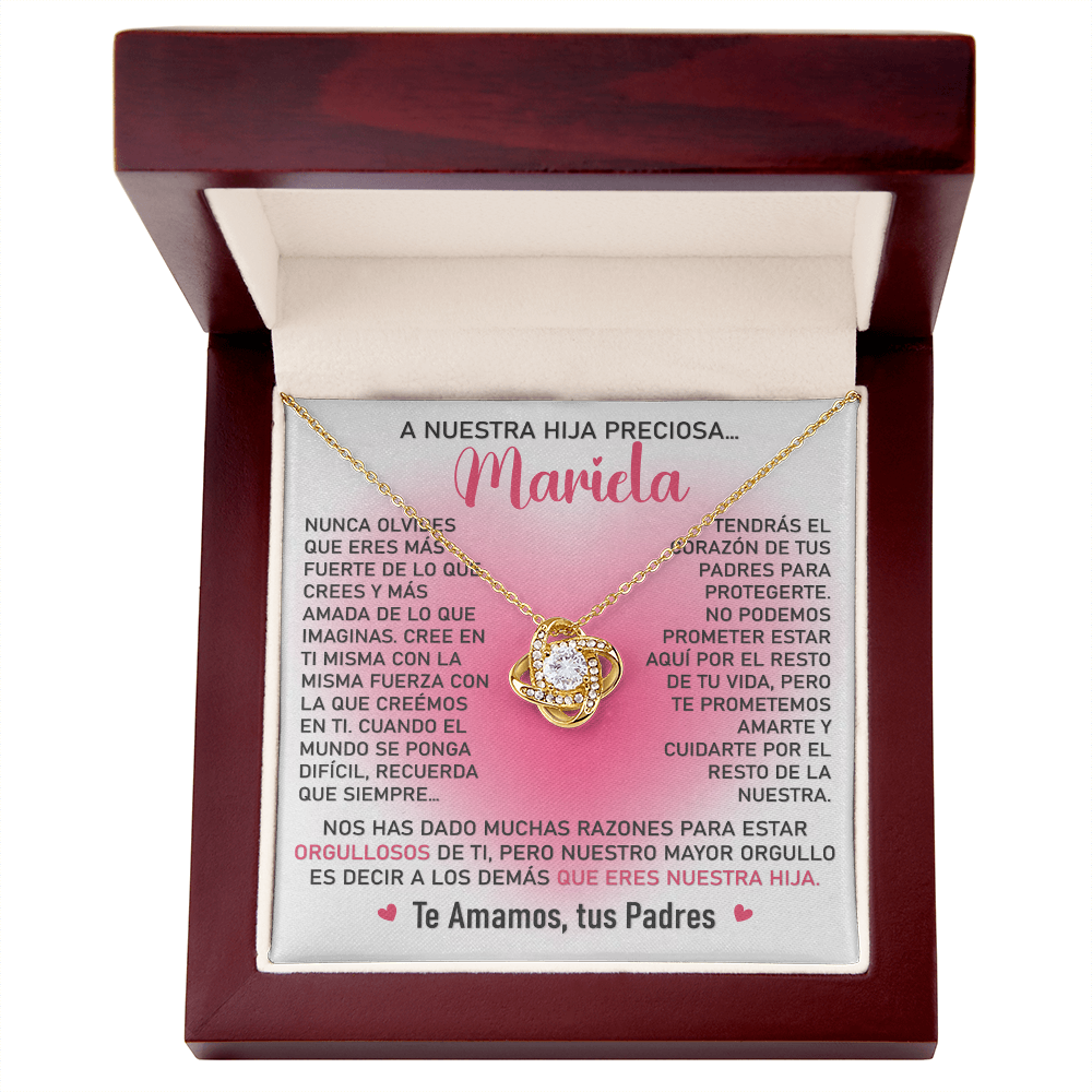Collar Mikora Love Knot: Edicion "Orgullosos que eres nuestra hija" (Acabado en Oro de 14q - 18q)