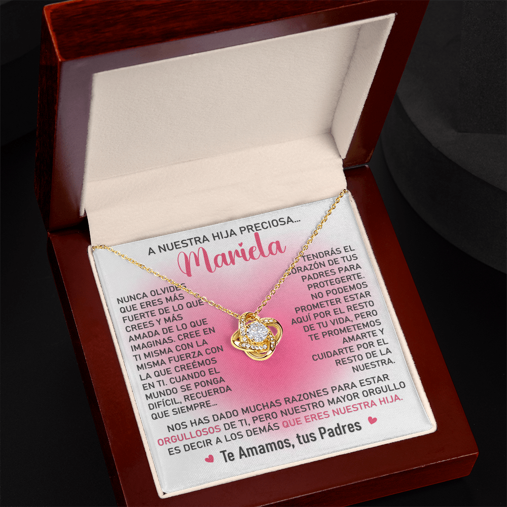 Collar Mikora Love Knot: Edicion "Orgullosos que eres nuestra hija" (Acabado en Oro de 14q - 18q)