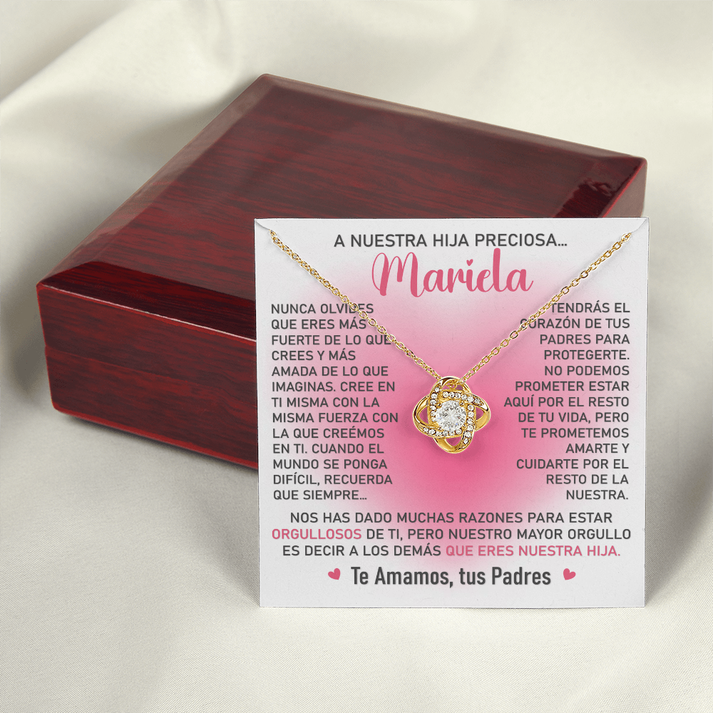 Collar Mikora Love Knot: Edicion "Orgullosos que eres nuestra hija" (Acabado en Oro de 14q - 18q)