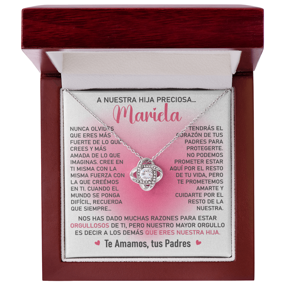 Collar Mikora Love Knot: Edicion "Orgullosos que eres nuestra hija" (Acabado en Oro de 14q - 18q)