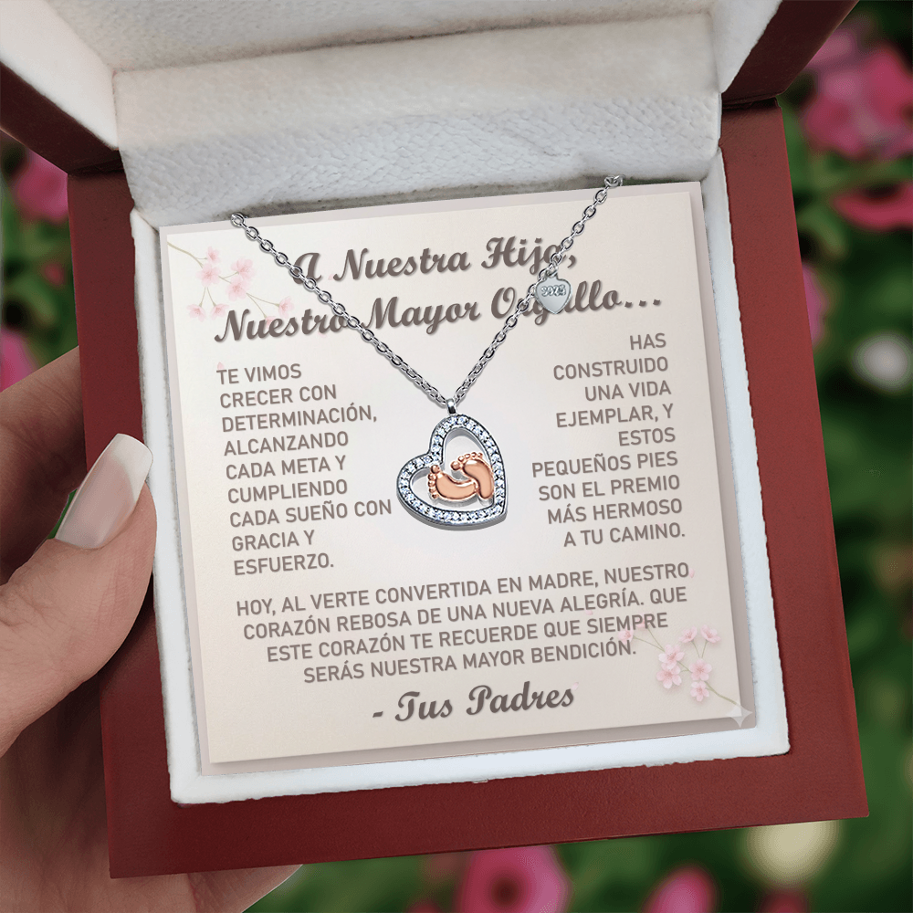 Collar MIKORA Baby Feet Heart "Cosecha de Sueños" : Plata de Ley & Oro Rosa 14k - Para nuestra Hija Orgullo