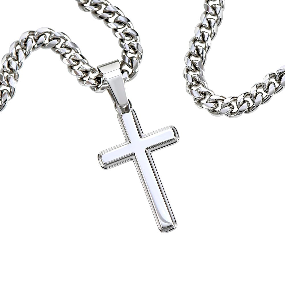 Collar Mikora Artisan Cross & Cuban Link: El Orgullo de un Hijo (Acabado en Oro o Acero)