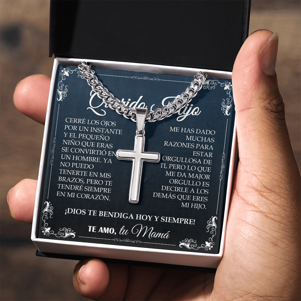 Collar Mikora Artisan Cross & Cuban Link: El Orgullo de un Hijo (Acabado en Oro o Acero)