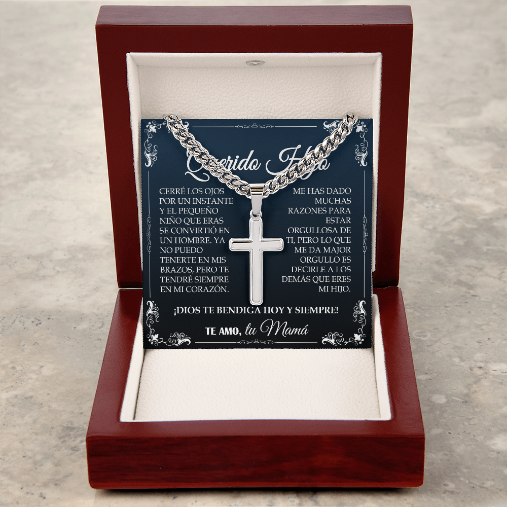Collar Mikora Artisan Cross & Cuban Link: El Orgullo de un Hijo (Acabado en Oro o Acero)