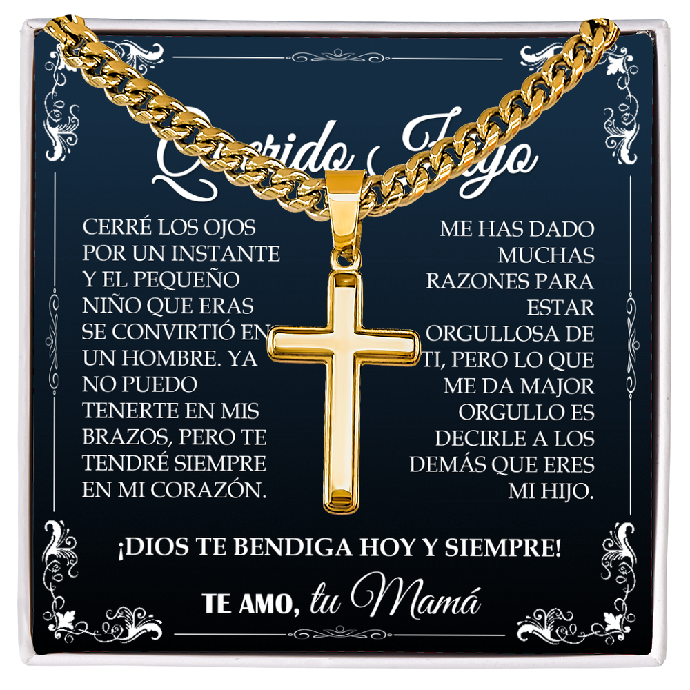 Collar Mikora Artisan Cross & Cuban Link: El Orgullo de un Hijo (Acabado en Oro o Acero)