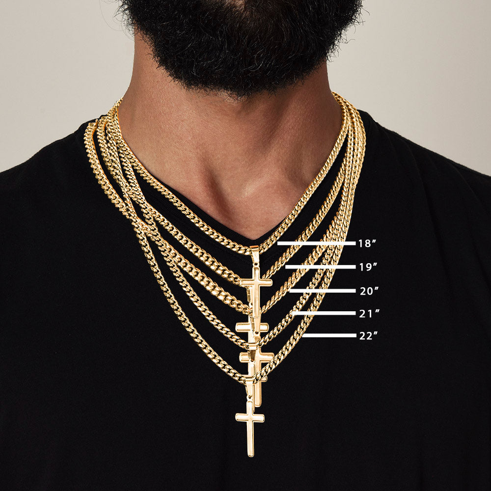 Collar Mikora Artisan Cross & Cuban Link: El Orgullo de un Hijo (Acabado en Oro o Acero)