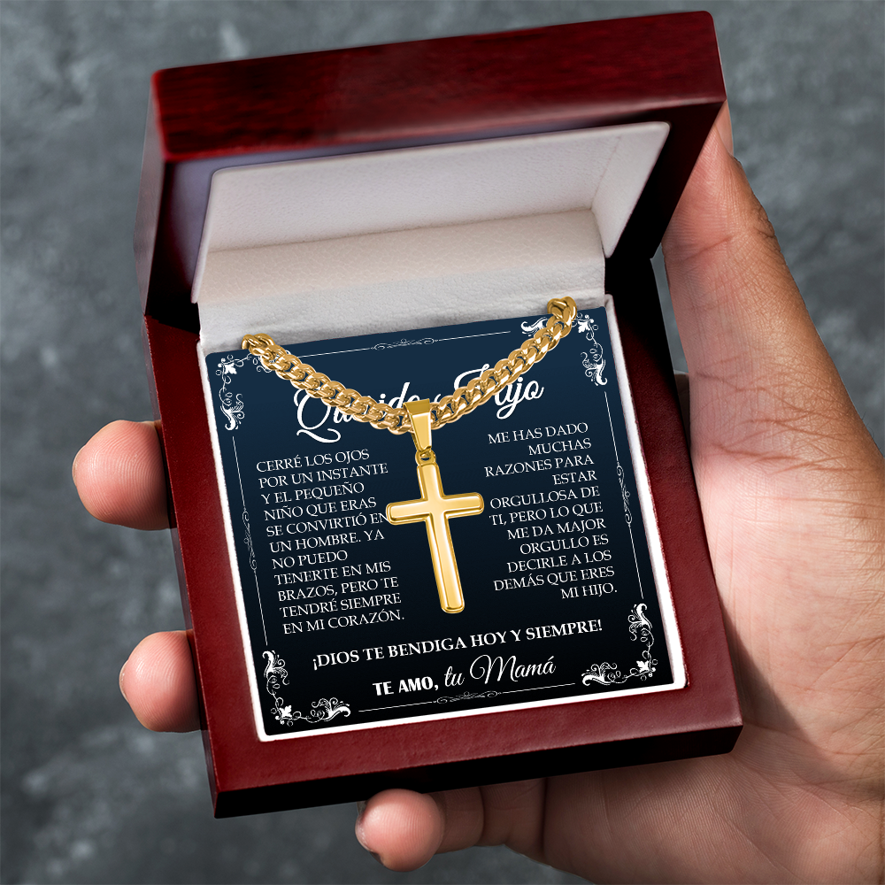 Collar Mikora Artisan Cross & Cuban Link: El Orgullo de un Hijo (Acabado en Oro o Acero)