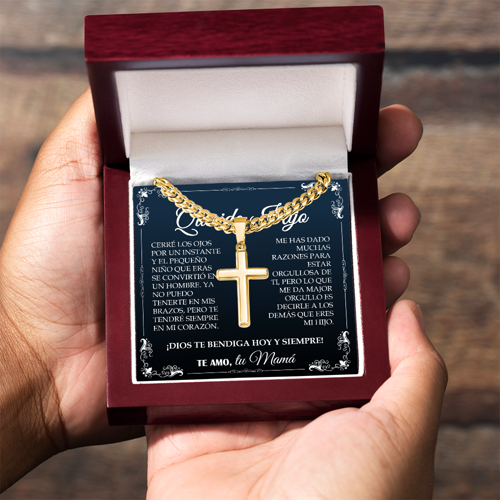 Collar Mikora Artisan Cross & Cuban Link: El Orgullo de un Hijo (Acabado en Oro o Acero)