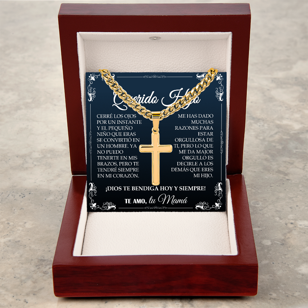 Collar Mikora Artisan Cross & Cuban Link: El Orgullo de un Hijo (Acabado en Oro o Acero)