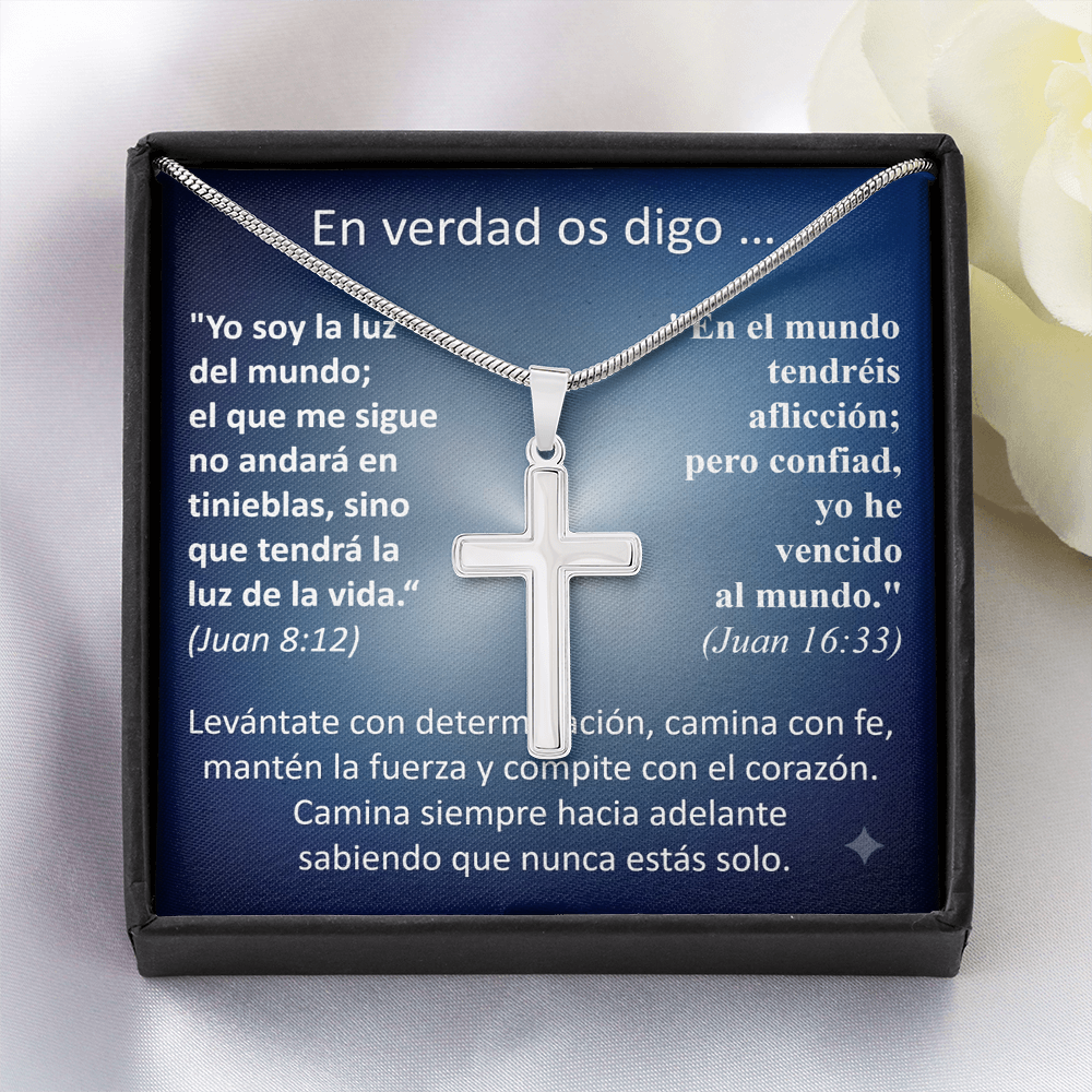 Regalo MIKORA Cruz Artesanal para hombre Edición: "En Verdad Os Digo" Acabado en Acero o 18K oro
