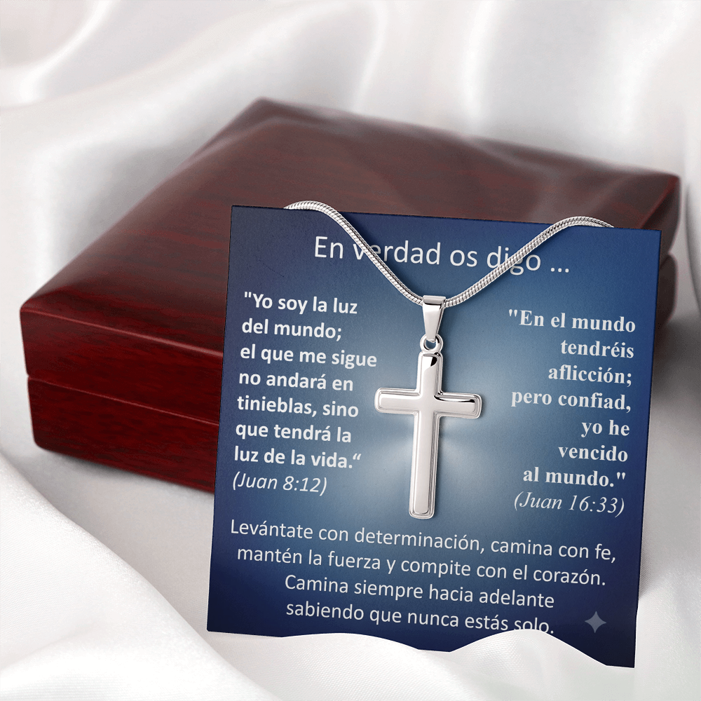 Regalo MIKORA Cruz Artesanal para hombre Edición: "En Verdad Os Digo" Acabado en Acero o 18K oro