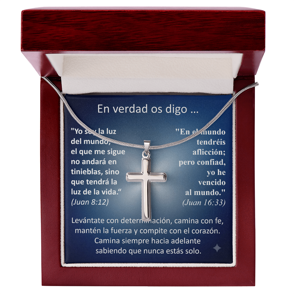 Regalo MIKORA Cruz Artesanal para hombre Edición: "En Verdad Os Digo" Acabado en Acero o 18K oro