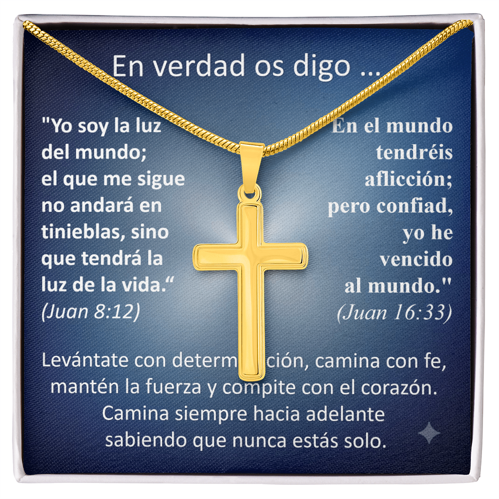 Regalo MIKORA Cruz Artesanal para hombre Edición: "En Verdad Os Digo" Acabado en Acero o 18K oro
