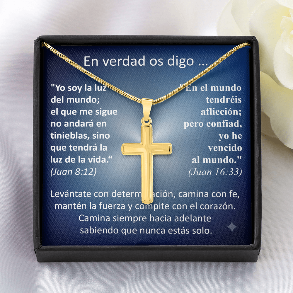 Regalo MIKORA Cruz Artesanal para hombre Edición: "En Verdad Os Digo" Acabado en Acero o 18K oro