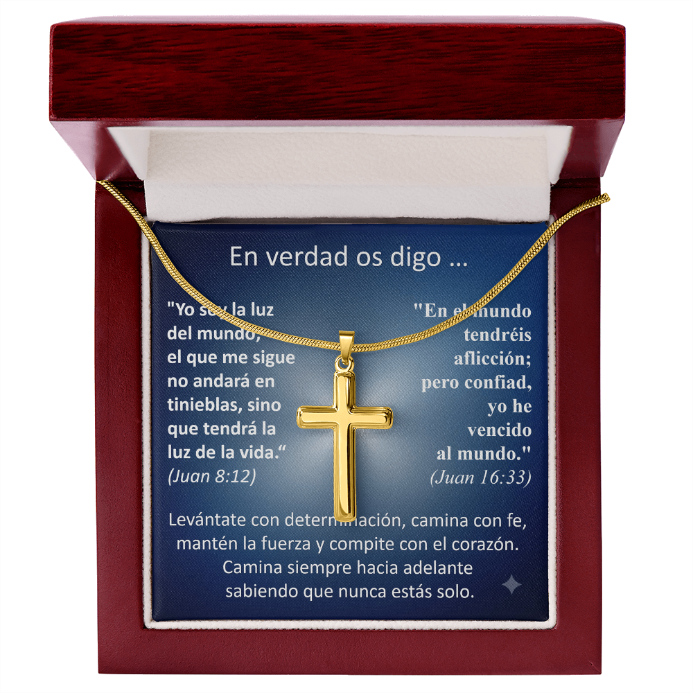 Regalo MIKORA Cruz Artesanal para hombre Edición: "En Verdad Os Digo" Acabado en Acero o 18K oro