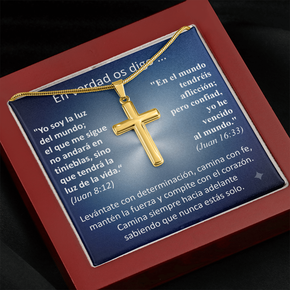 Regalo MIKORA Cruz Artesanal para hombre Edición: "En Verdad Os Digo" Acabado en Acero o 18K oro